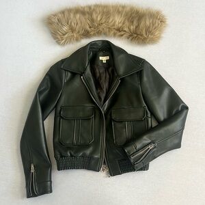 Urban Outfitters Olive Green Leather Jacket with Removable Fur Collar XS